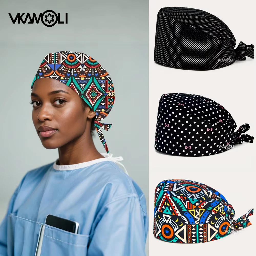 Surgical cap with geometric pattern printing scrub cap used in hospitals and clinics with an adjustable pouch tie-back design