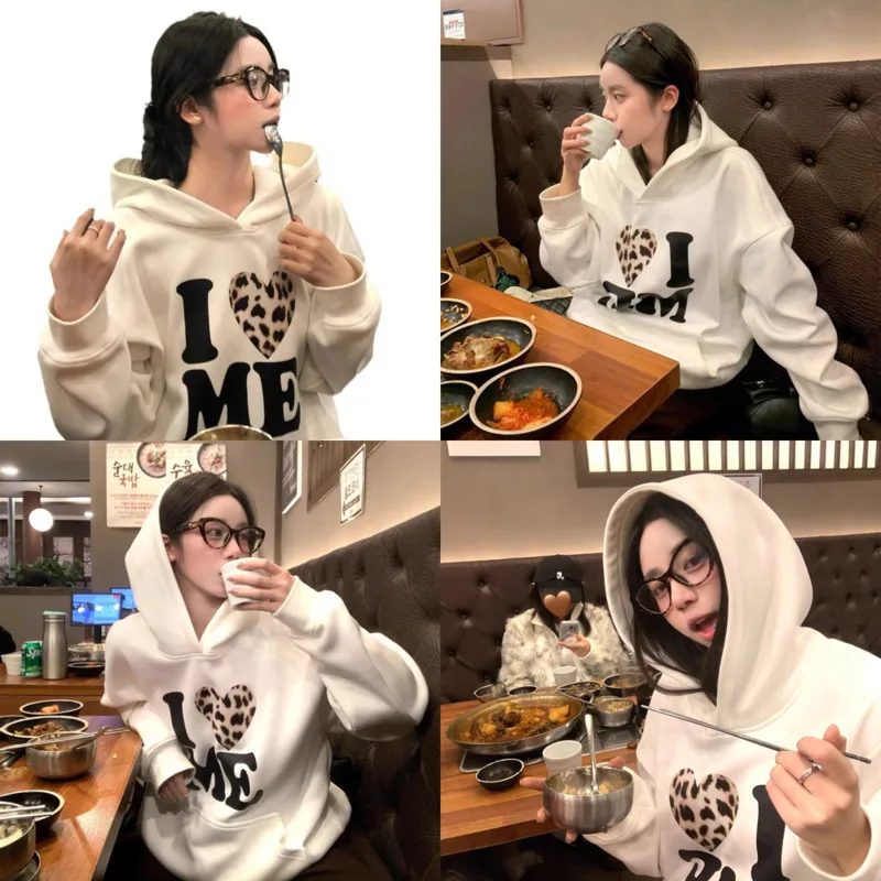 Carta de amor hoodie leopardo impressão hoodie outono coreano ins impresso moletom high street fino grosso casal hoodie o-pescoço topo novo