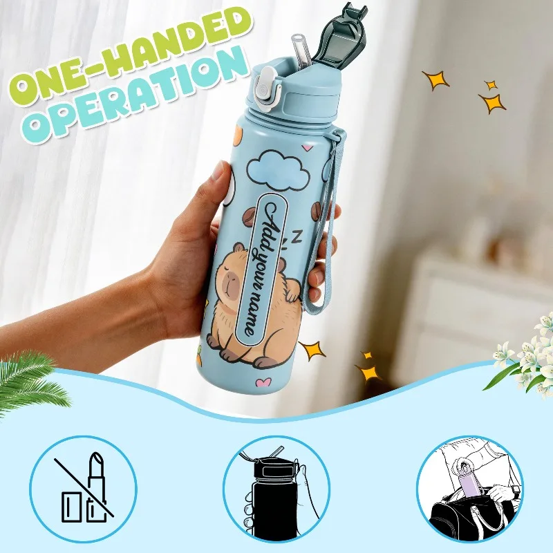 750ml Custom Name Cute Capybara Avocado Leakproof Reusable Sports Water Bottle for Gym Hiking Cycling School Unique Friend Gift