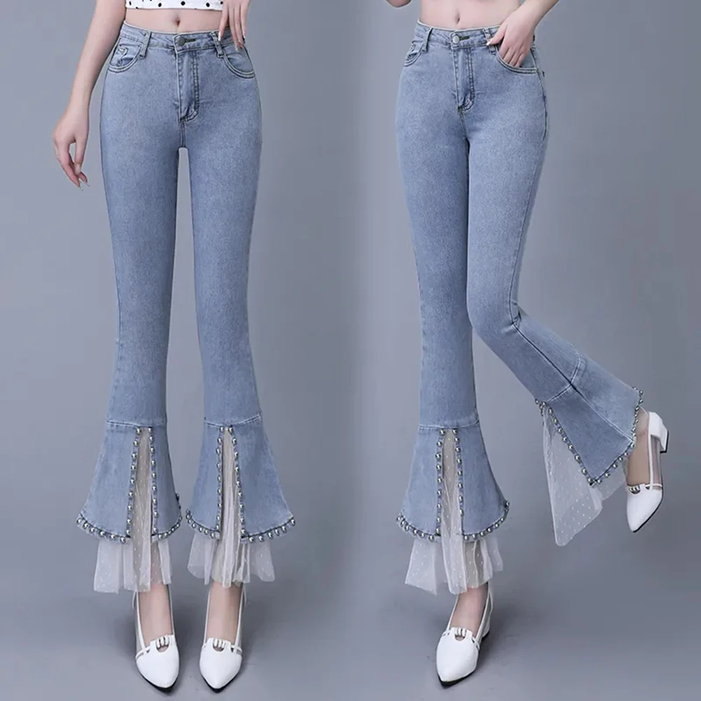 Spring Autumn New High Waist Denim Pants Women Fashion Trumpet Trousers Female Slim Stretch Split Rivet Lace Jeans Woman Trend