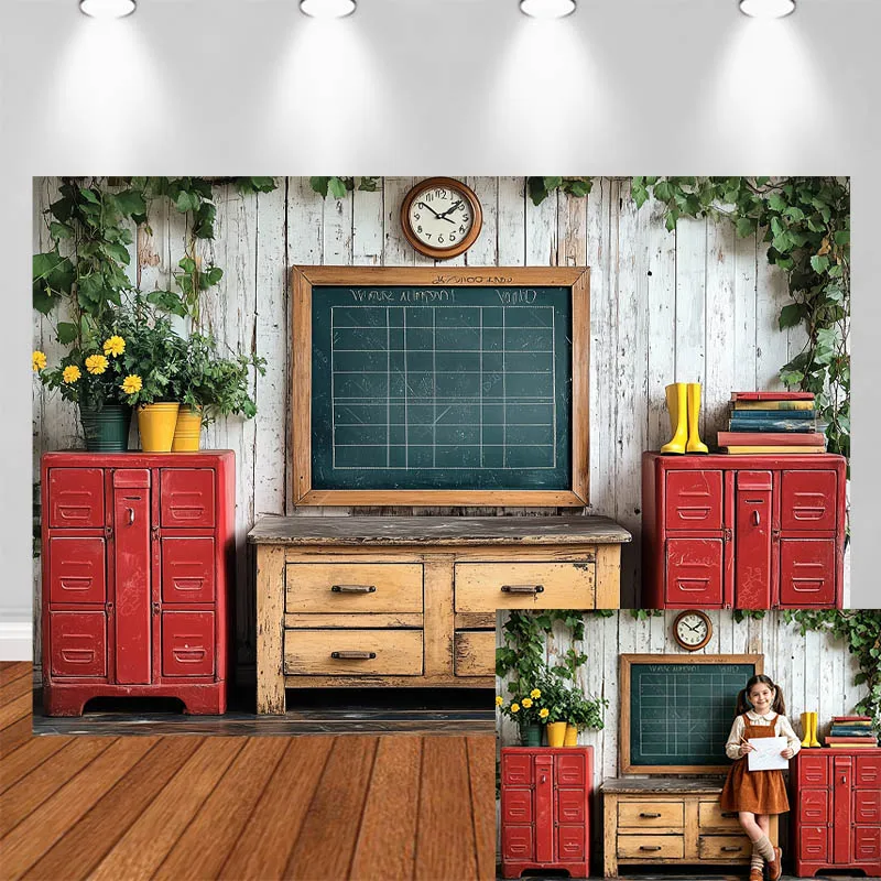 LS School Themed Photography Background Blackboard Cabinet Book Plant Alarm Clock Decor Kids Adult Portrait Photo Backdrop