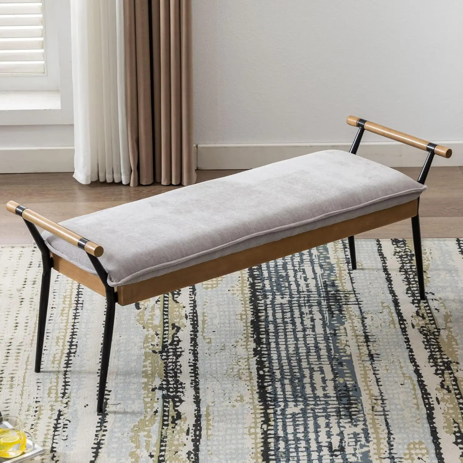 Modern Chenille Entryway Bench, Upholstered End of Bed Bench with Arms Classic Bedroom Ottoman Bench with