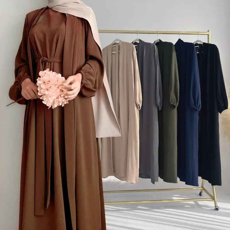 

New Abaya Set Crinkle Fabric Open Abaya+Inner Long Dress Islamic Clothing Muslim Women Dresses Set Turkish Kaftan Ramadan Eid
