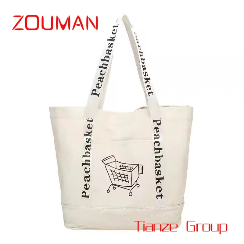 Custom , Eco Wholesale customized logos handle tote beach shopping bag canvas cotton bag with zipper