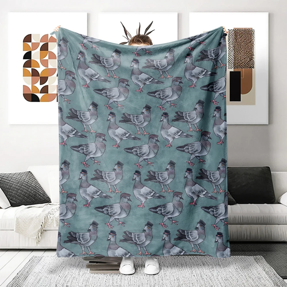 Grey Pigeons Top Hats Flannel Blanket Perfect For Sofa Office Bed Travel Sleep Read Relax Camping Four Season Use