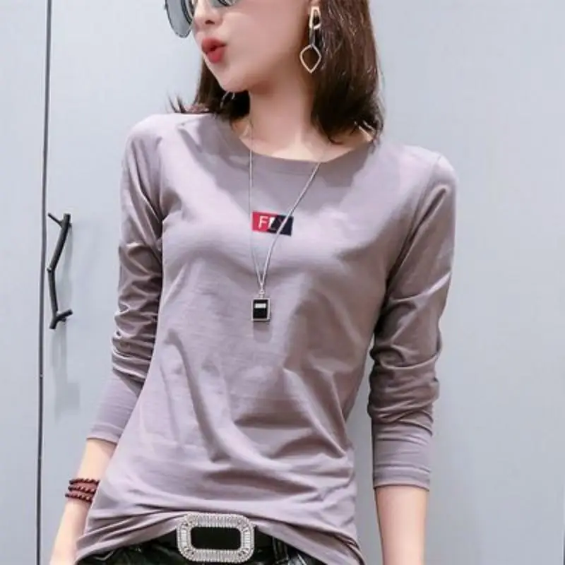 Fashion Letter Embroidery Casual Long Sleeve T-Shirt Female Clothing 2023 Autumn New All-match Tops Korean Solid Color Tee Shirt