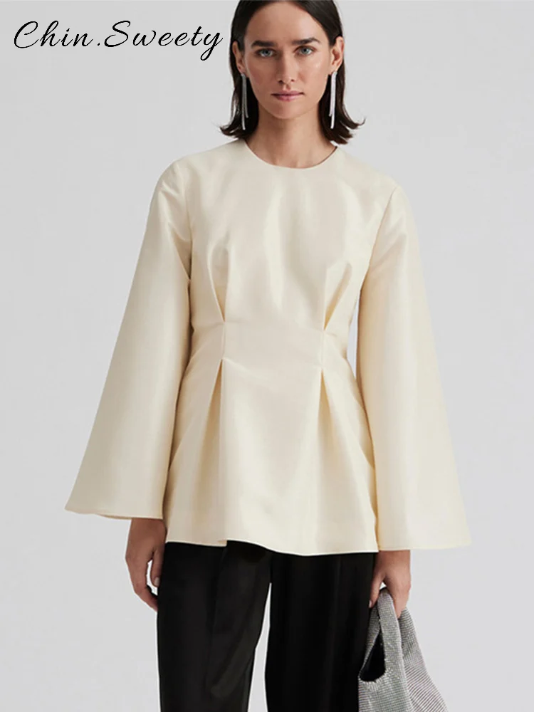 

Fashion Slim Waist Zipper Shirts Women Solid O-neck Flare Sleeve All-match Shirt 2025 Autumn Lady Casual High Street Outwears