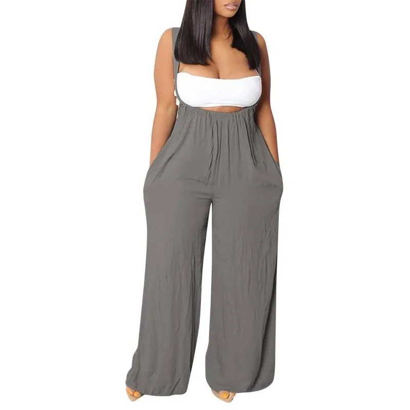 Plus Size 1XL-5XL Women Casual Solid color Sleeveless Drawstring Wide Leg Suspender High Waist Pocket Design Jumpsuit Romper