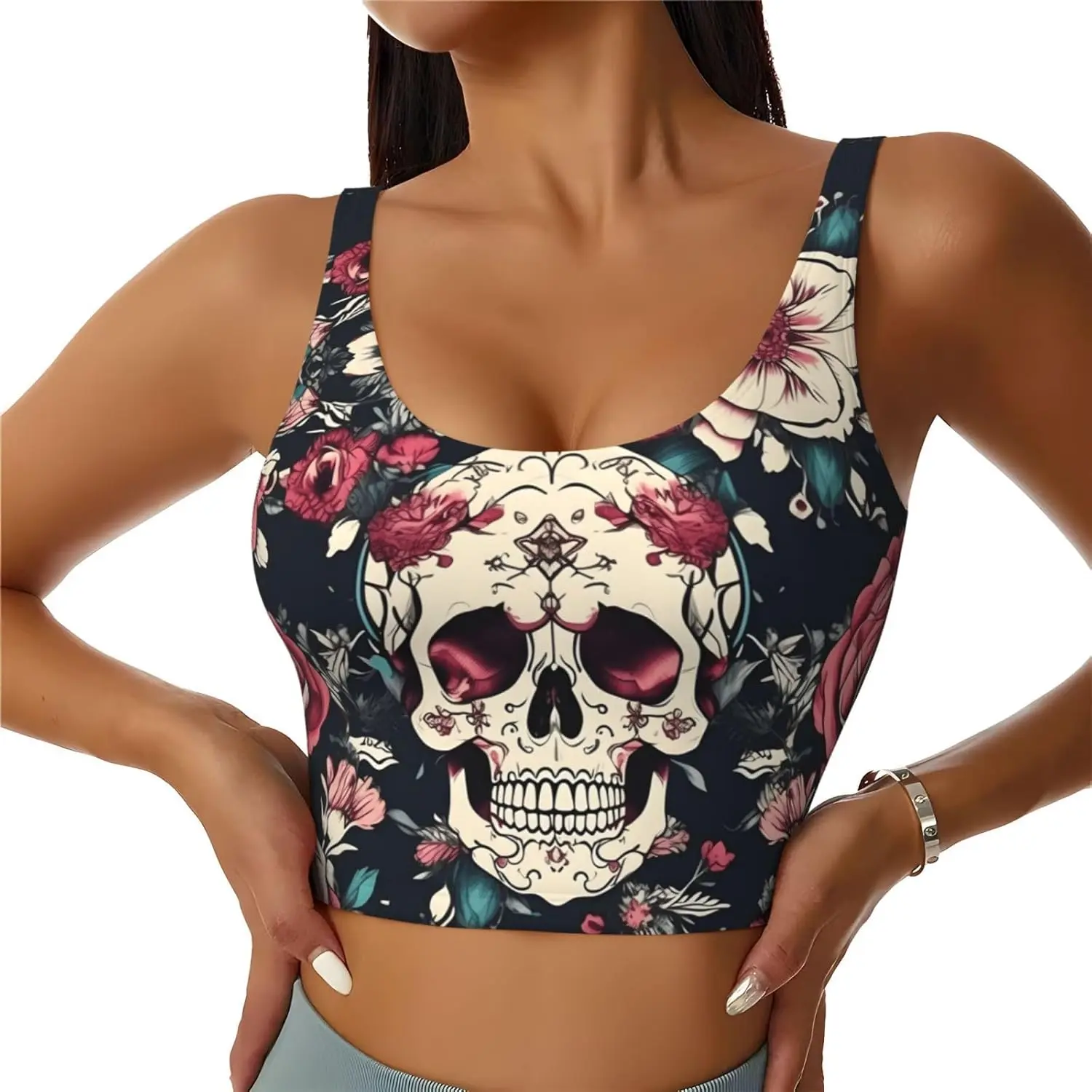 

Women's Flowers Skull Ornamental Pattern Print Sports Tank Top,Lightweight Yoga Vest with Removable Padding