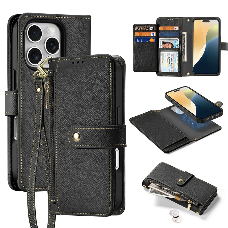 For iPhone 16 Pro Max Case Dux Ducis LAWA 2 in 1 Detachable Leather Magnetic Zip Wrist Strap Wallet Stand Cover With Card Slot