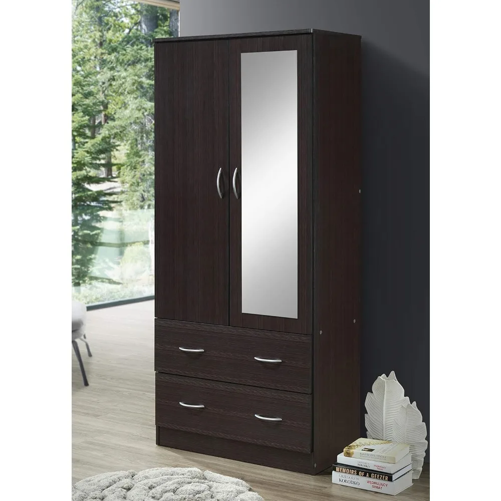 2 Door Wood Wardrobe Bedroom Closet with Clothing Rod Inside Cabinet, 2 Drawers for Storage and Mirror