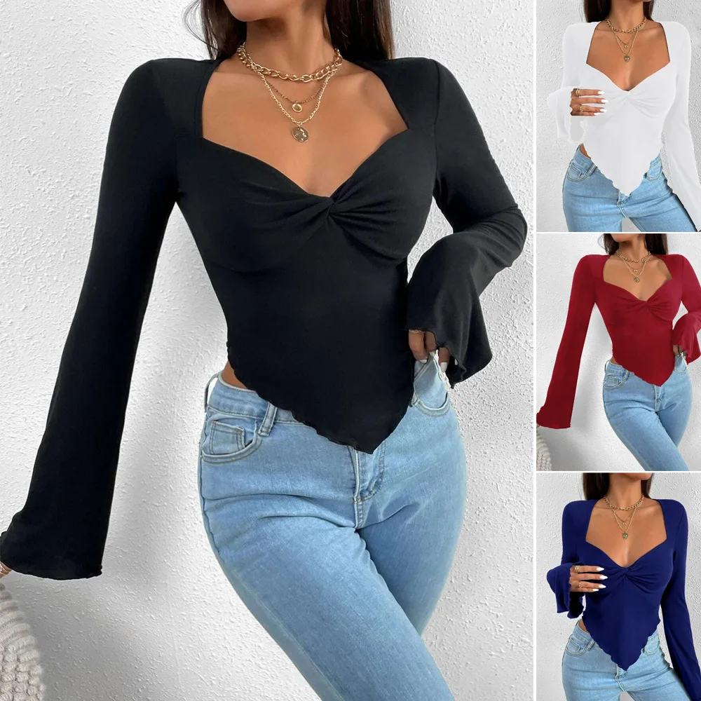 

Women Tops Spring Autumn Sexy Flare Sleeve Tight Waist Cropped Tops T Shirt Ladies Fashion Irregular Solid V-Neck Blouse Shirts