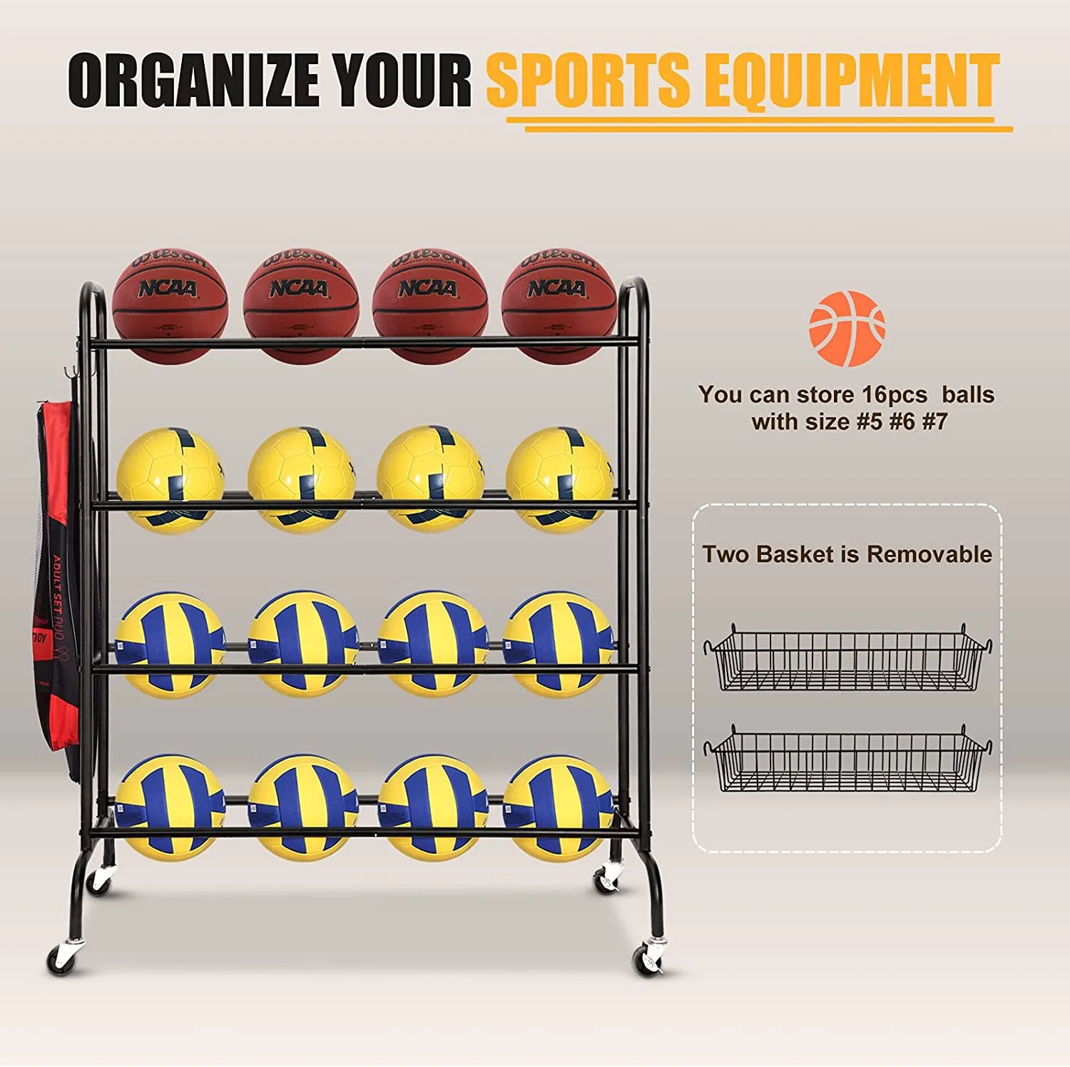 Sport Equipment Storage Rack Football Basketball Storage Rack Ball Stand Storage Holder for Home Neasting WIth Rolling Wheels