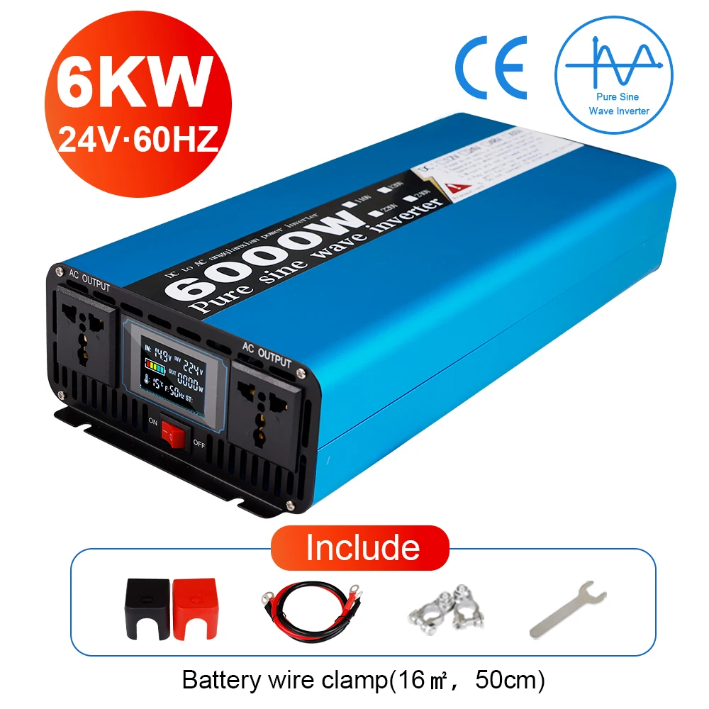 DC 12V To AC 220V Pure Sine Wave Inverter 6000W 4000W 60Hz Two Sockets Solar Power Car Inverter LCD Display Voltage Converter