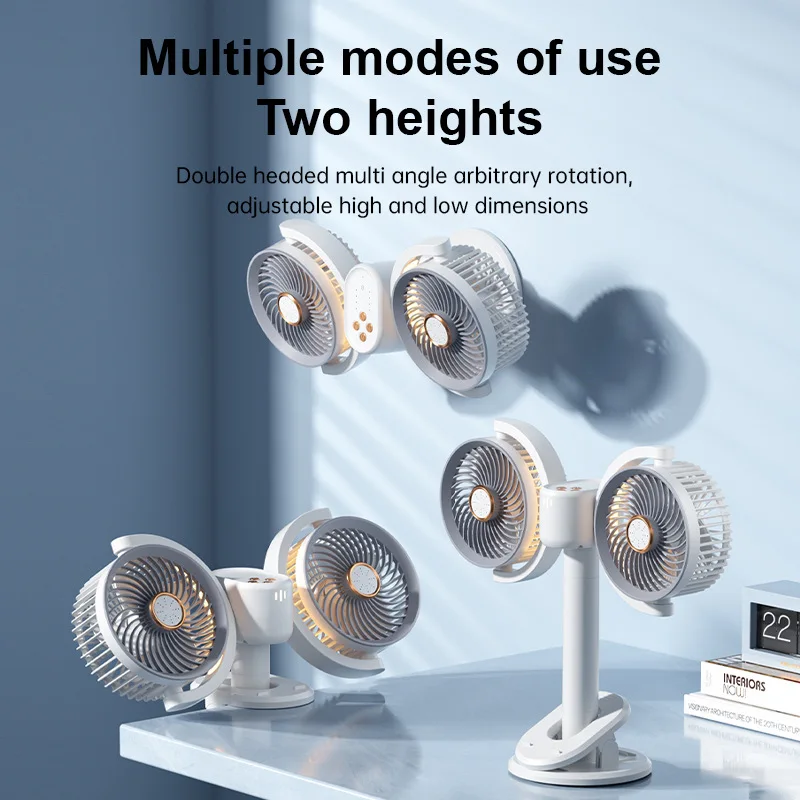 Ventilatore a doppia testa a 4 livelli indipendenti Ventilatore con clip a vento grande Illuminazione Ventilatore elettrico Ventilatori USB circolanti temporizzati verticali da tavolo