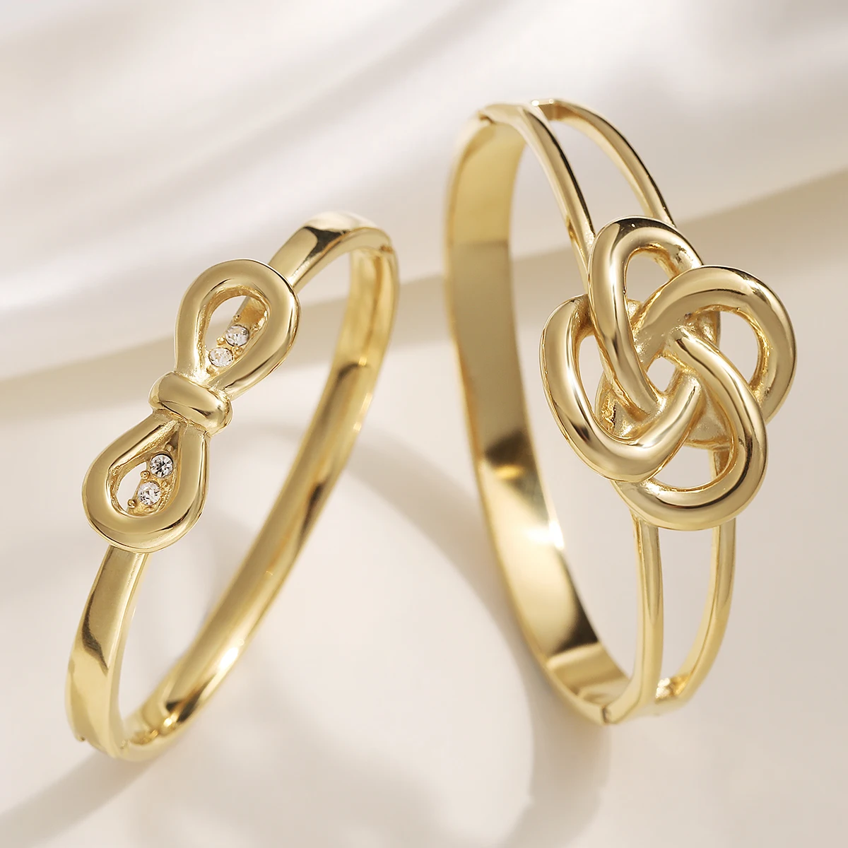 Gold Plated Stainless Steel Knot Bow Cuff Bangle Minimalist Open Bracelet Waterproof Zircon Women Fashion Stackable Jewelry Gift