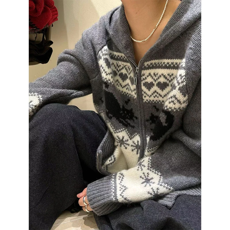 

Cashmere sweater, women's ethnic style, little cat zipper hooded cardigan, autumn and winter thickened loose knitted sweater