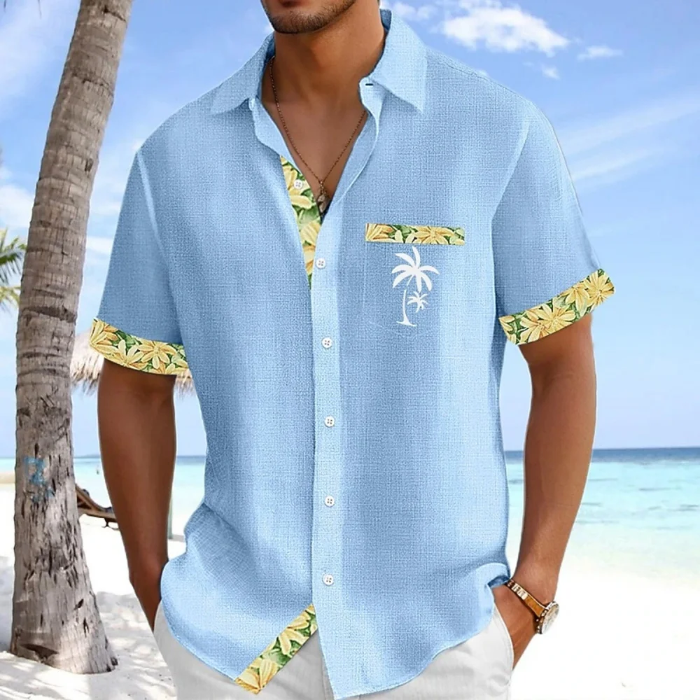 Fashionable and Minimalist Tropical Floral Patchwork Coconut Tree Pattern Printed Men's Loose Thin Shirt