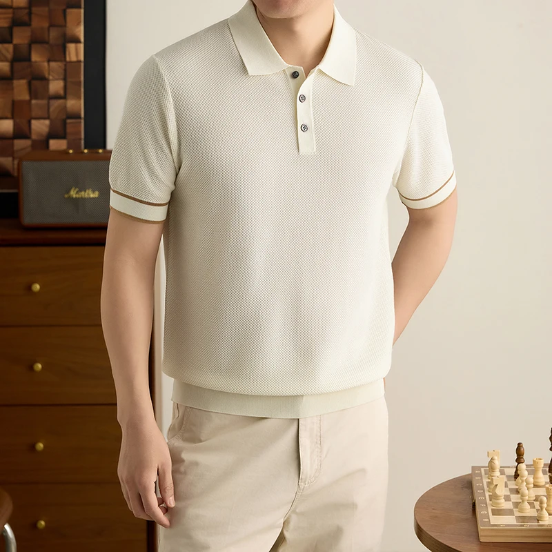 

Новинка лета 2026: Модная вязаная футболка-поло для мужчин, классический однотонный трикотажный пуловер с коротким рукавом, дышащая вискозная футболка