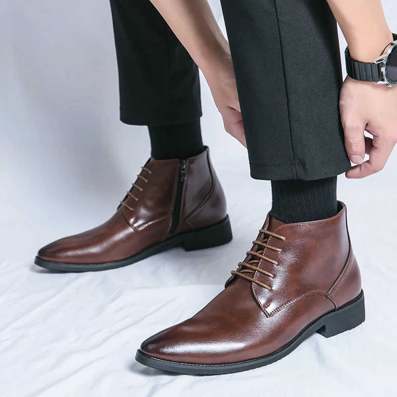 Leather Boots Men Zip Lace-up High Top British Versatile Men Fashion Business Dress Social Boots Mens Platform Casual Men Boots