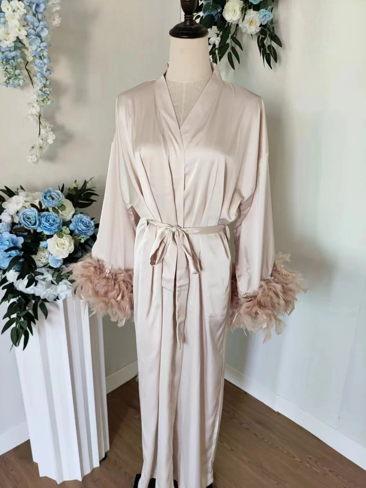 Champagne Boudoir Wedding Long Length Maxi Dressing Gown Robes Bridesmaid Robe Stain Silk Lingerie Bride to Be Hen Party Dress