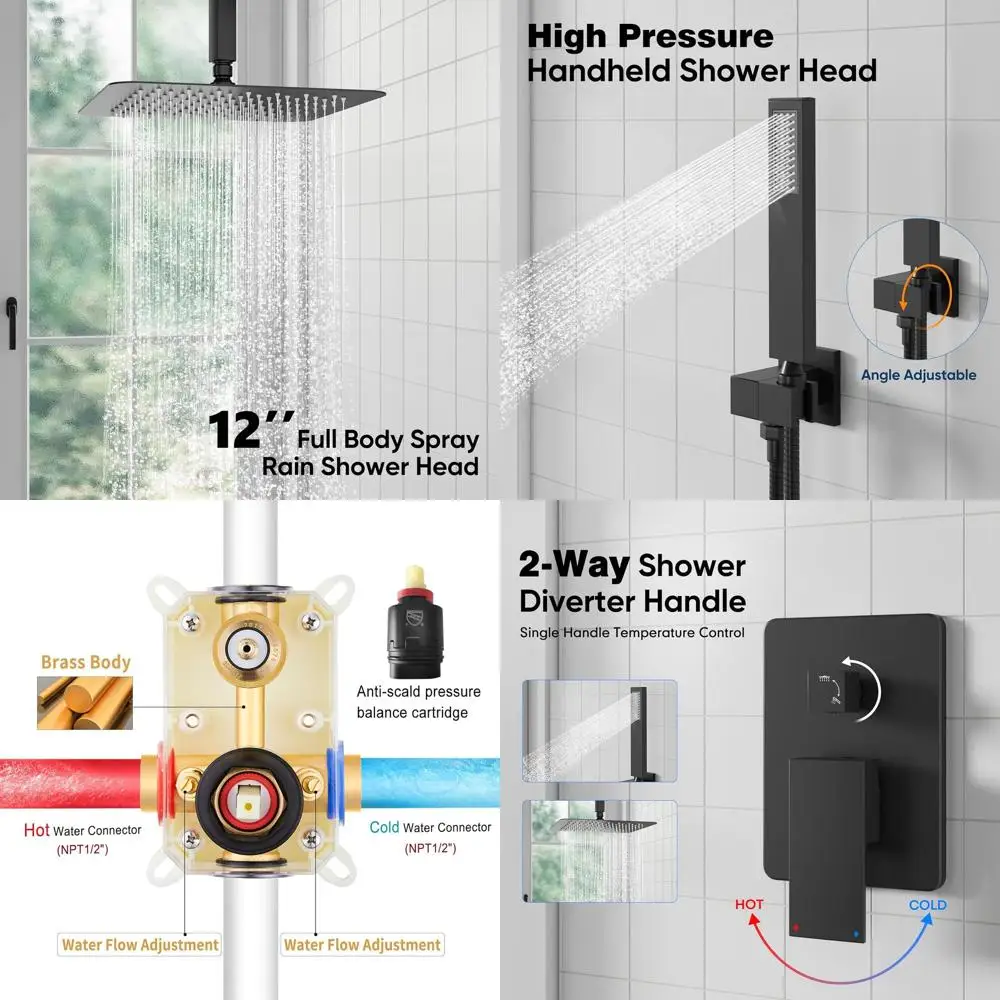 

12 Rain Shower with Handheld Combo, Ceiling Mount High-Pressure System, Matte Black Shower Set