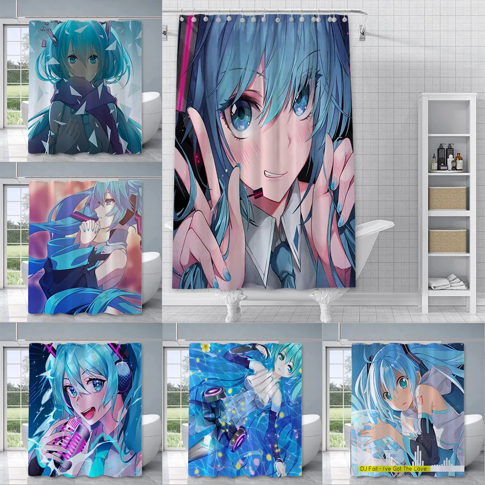 Anime Girl H-HatsuneS M-Miku Shower Curtain Waterproof Polyester Fabric Paint Bath Curtain Home Bathroom Decor Curtain With Hook