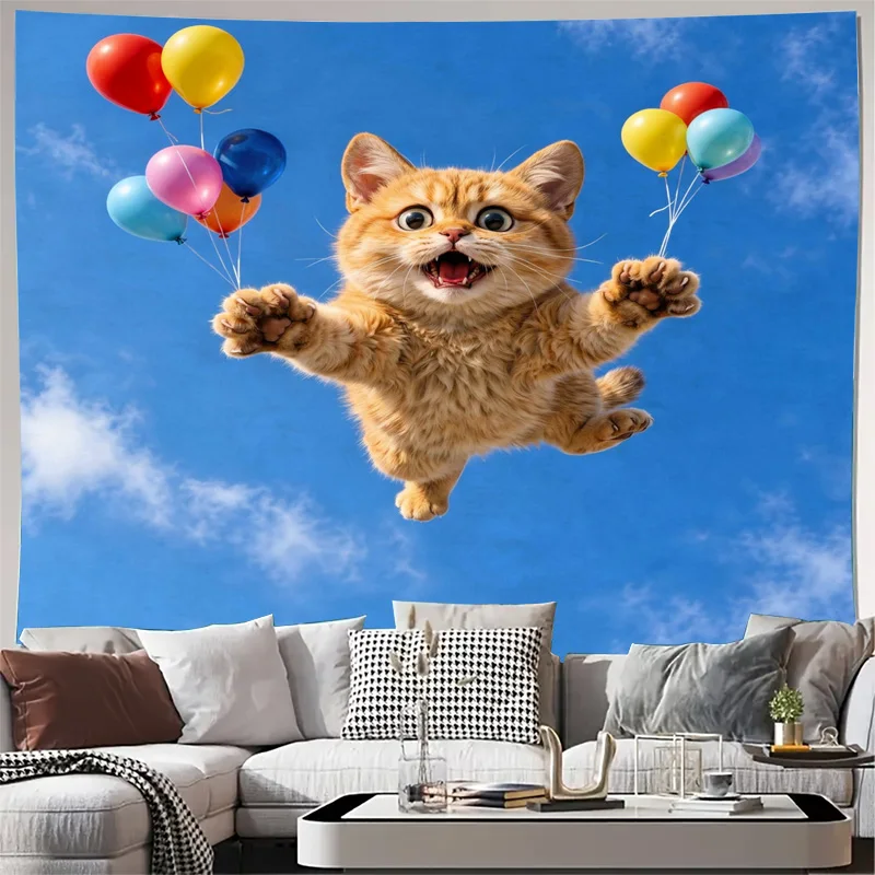 Whimsical Cat Kitten Balloons Flying Tapestry Wall Hanging Nursery Decor Blue Sky Animal Art Mural Cute Kids Room Home Accent Ba