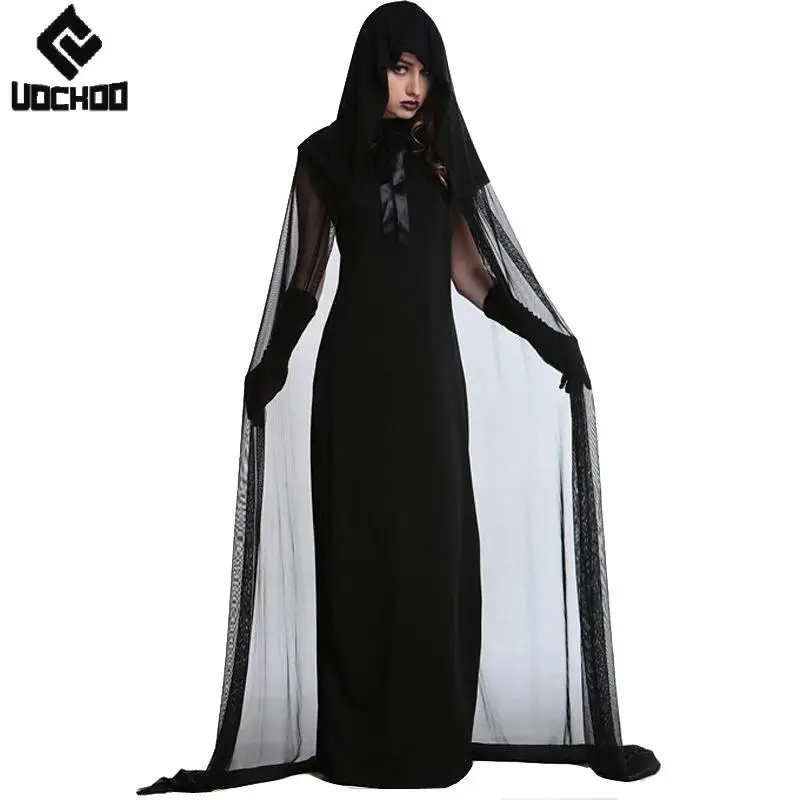 

Halloween Witch Gown Gothic Dress with Cloak Black Evil Cosplay Costume Day of The Dead Outfit Women Festival Party Clothing