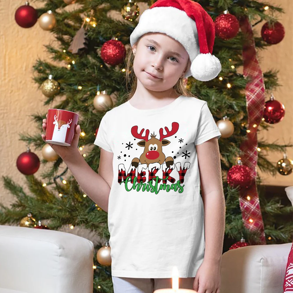 Frohe Weihnachten Hirsch bedrucktes T-Shirt Kid Christmas Series T-Shirt Jungen und Mädchen Weihnachtsfeier Outfit Kinder Urlaub Geschenke Shirt