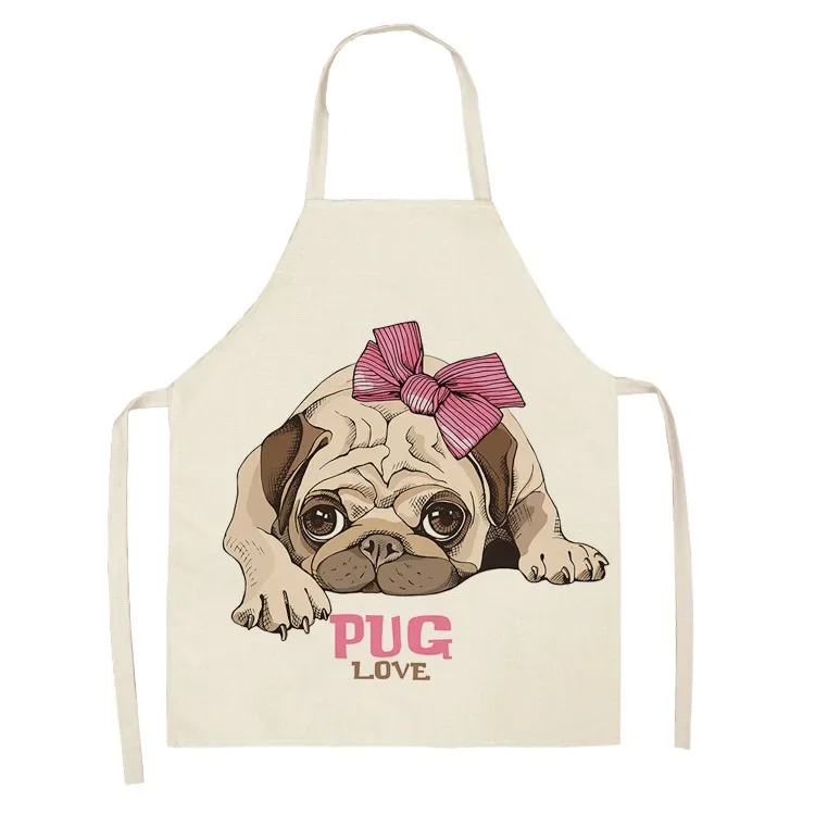 Cute Donut Pug Print Sleeveless Apron Cotton Linen Kitchen Utensils Household Baking Studio Anti Dirt Coat Waist