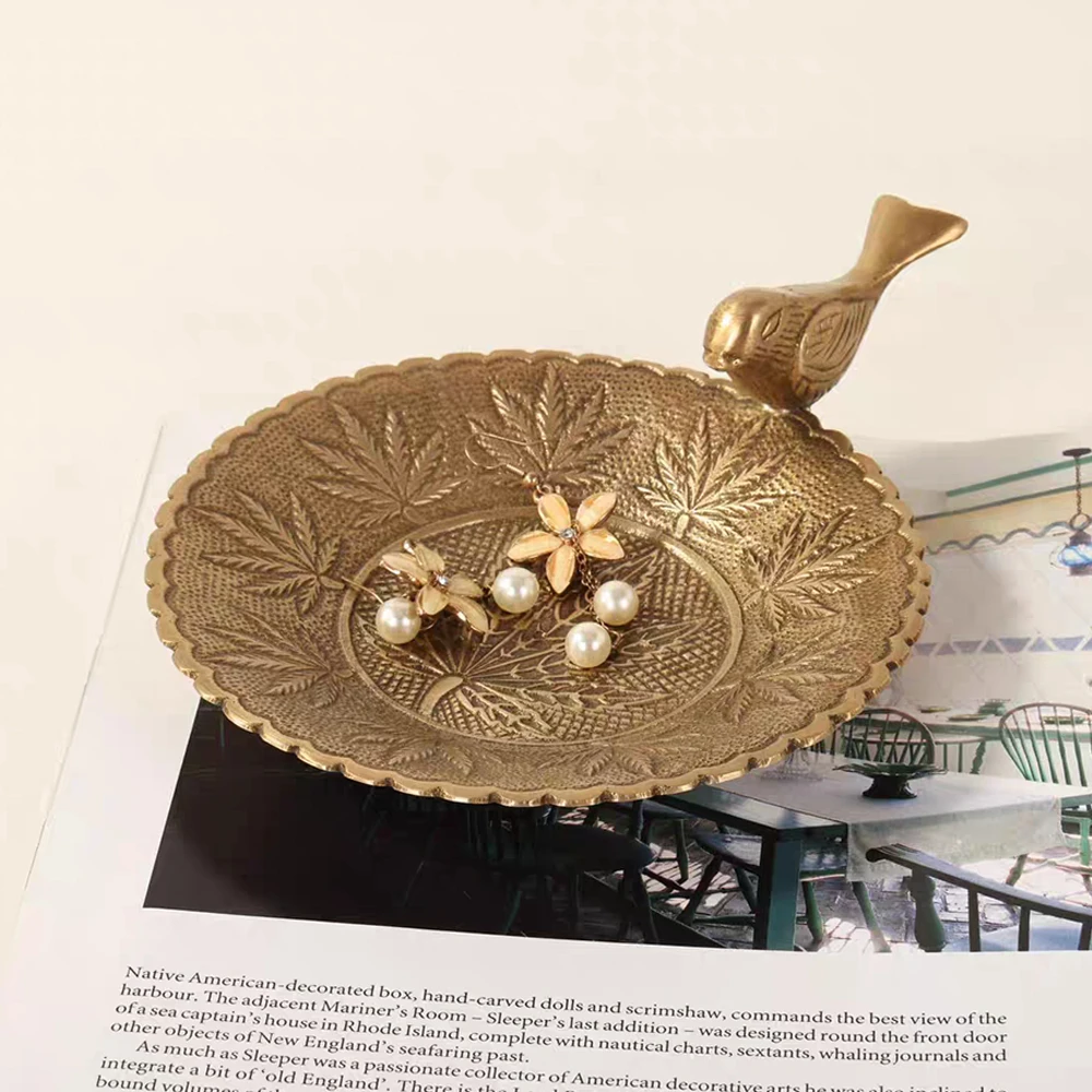 Vintage Brass Carved Storage Plate High-end Key Jewelry Storage Plate Stereo Small Fish And Bird Storage Plate Ornaments