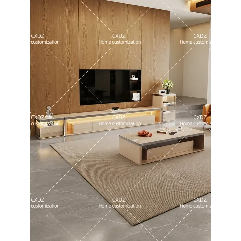 Luxury Solid Wood TV Cabinet and Coffee Table Set for Living Room Modern High End Floor Standing Media Console Storage Unit