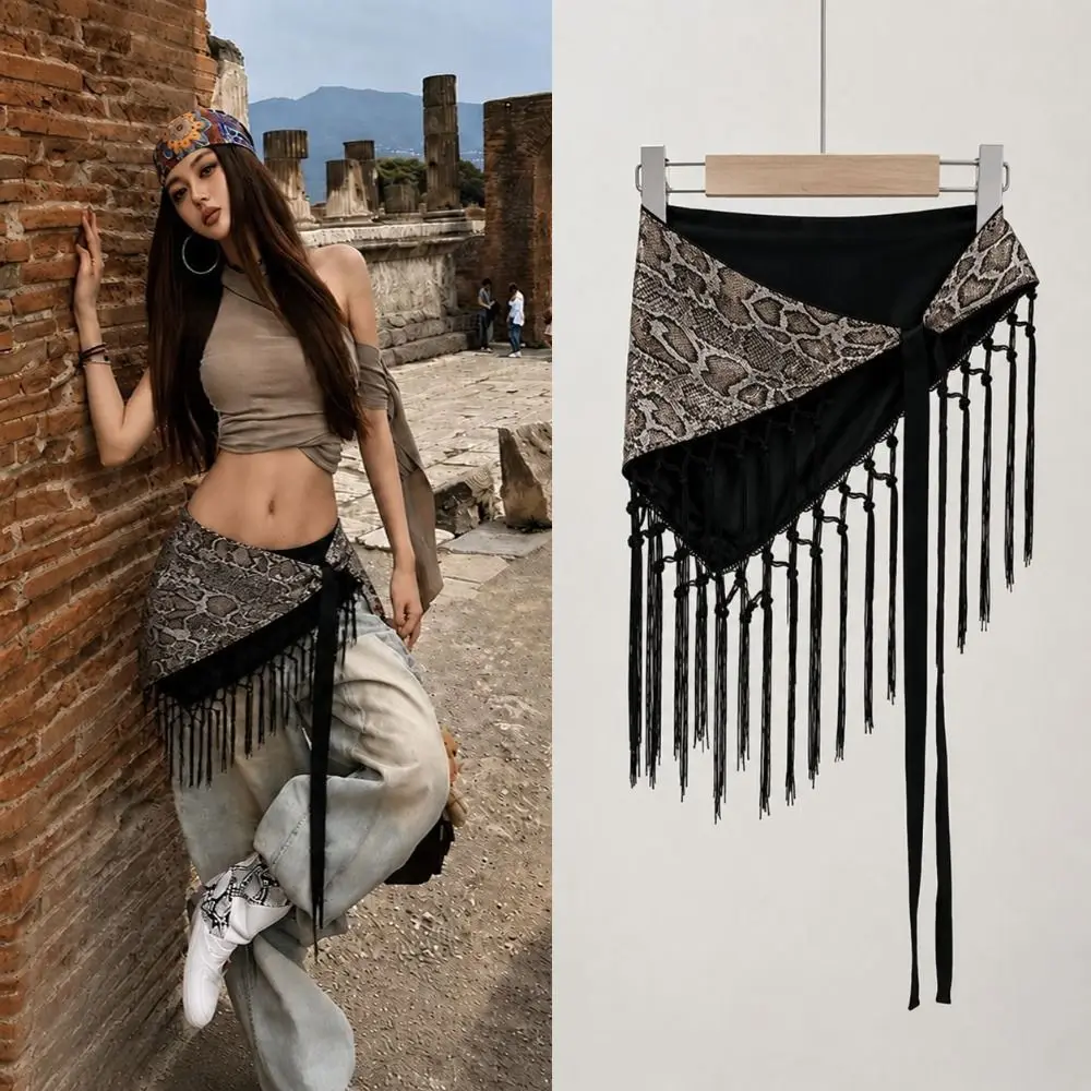Hippie Leopard Print Triangle Hip Scarf Tie Dye Self-tie Tassel Fringe Wrap Fringed Edge Decorative Waist Scarf Streetwear Style
