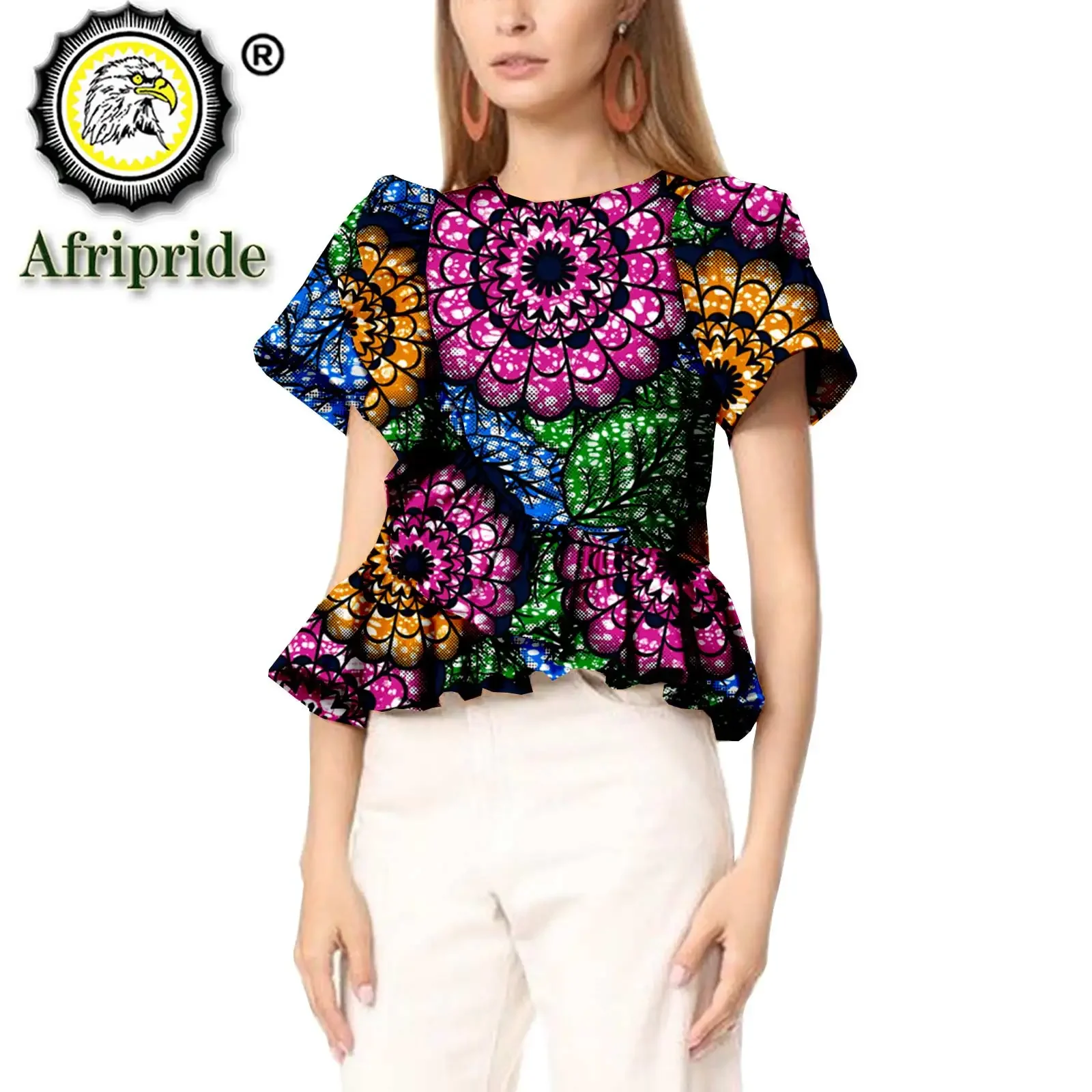 

African Shirts for Women Ankara Print Crop Top Short Sleeve O-neck Dashiki Blouse Shirt Elegant Fashion S2122003