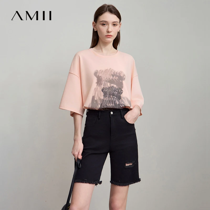 

AMII Minimalist Women's Loose Casual Tops 2025 Summer T-shirts O Neck Bear Printed Drop Shoulder Cotton Pink T-Shirt 12522169