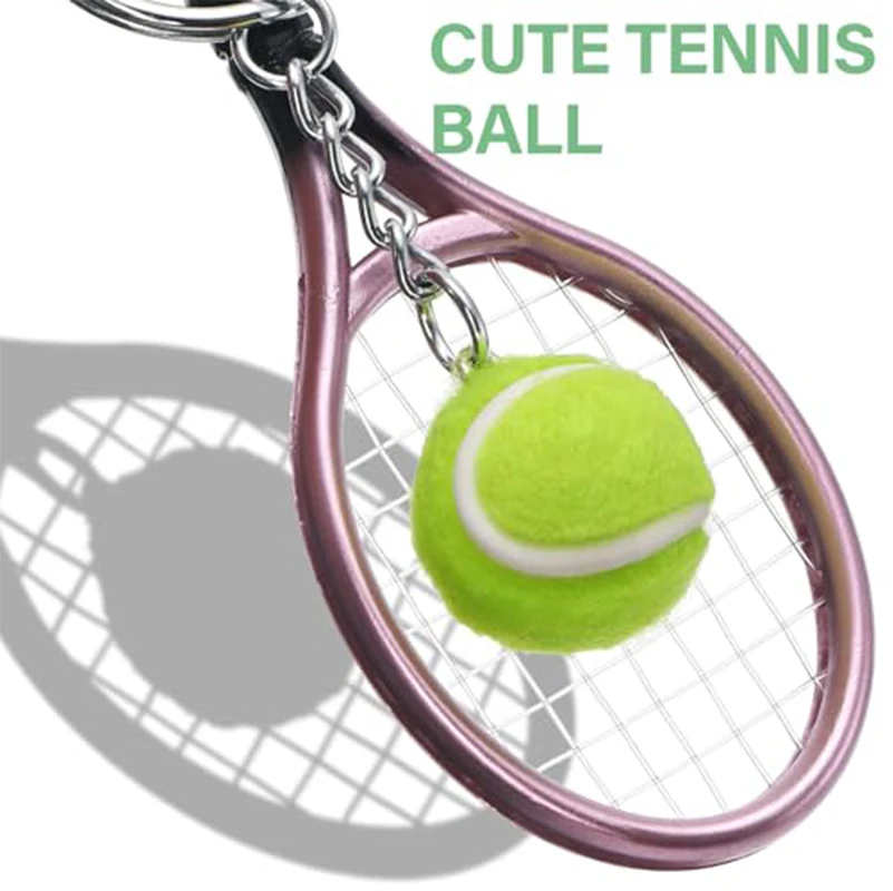 30Pcs Mini Simulation Tennis Racket Keychains with Fuzzy Tennis Ball, Colorful Alloy Key Ring Backpack Pendant