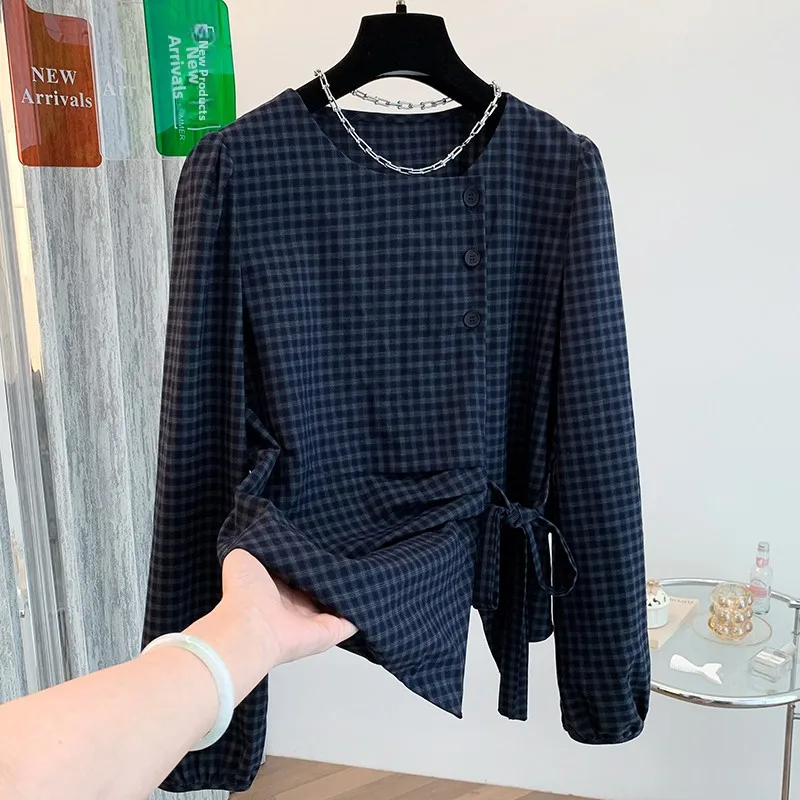 Women's Plaid Long Sve irt round Ne Tie Waist Design Cotton Polyester Blend Original Design Slimming Top Spring Autumn...