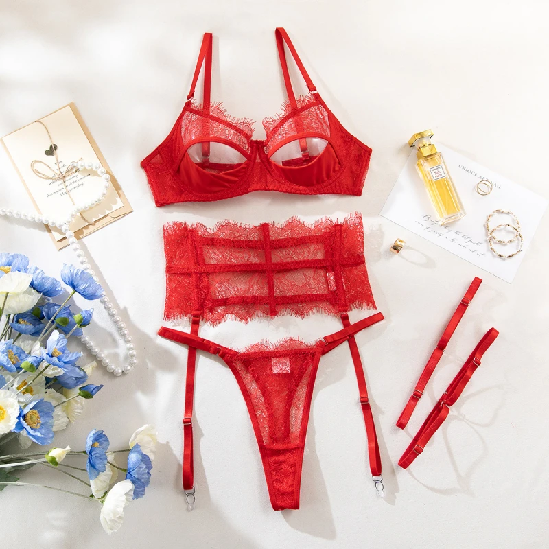 Bikini moda lingerie sexy costume da bagno in pizzo modellante reggicalze reggiseno set di quattro pezzi