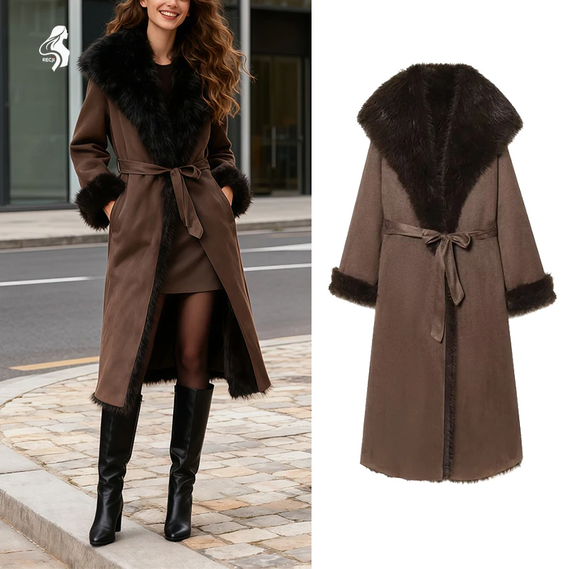 

Fashionable Womens Faux Fur Effect Belted Coat With Large Fur Collar Mid Length Belted Coat For Daily Commute Trafizaran