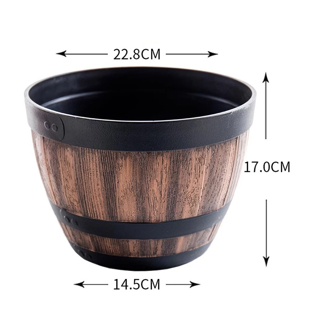 2pcs Creative Imitation Wine Tub Wooden Style Plastic Flower Pots with Drainage Holes for Indoor and Outdoor Small Plants