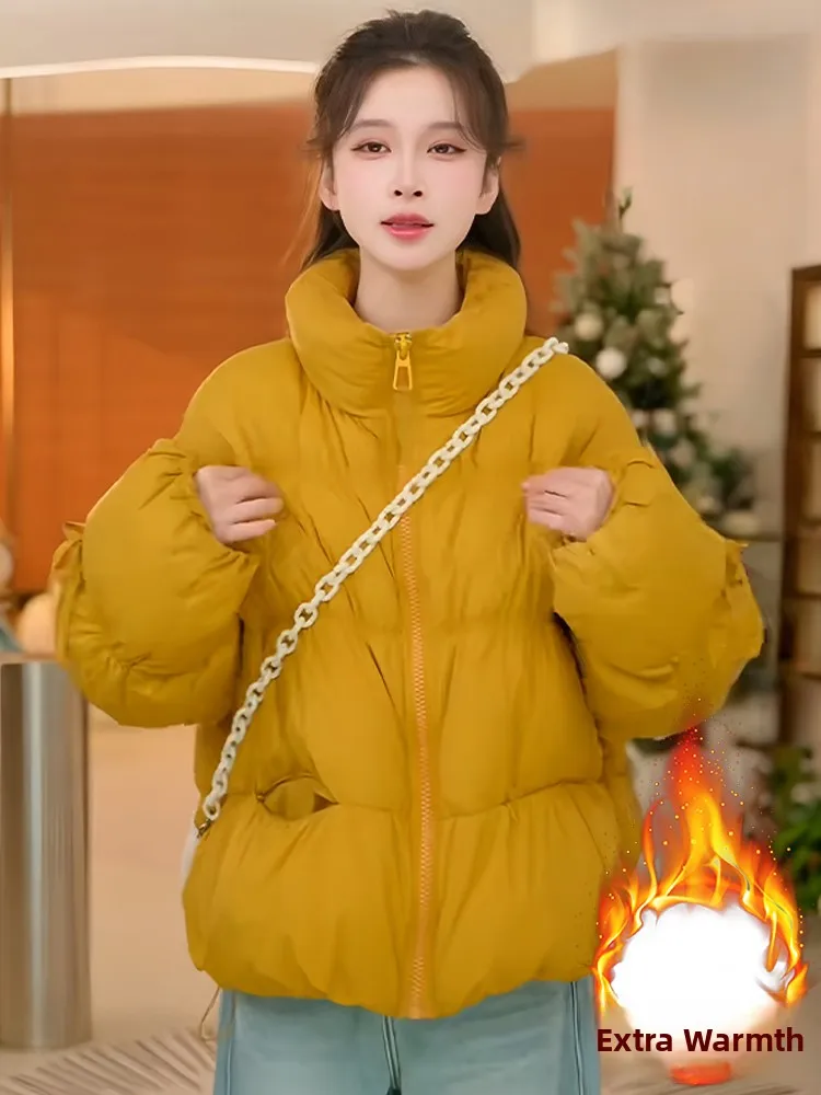 

Утепленная зимняя пуховая куртка для женщин: модное однотонное теплое пальто в корейском стиле, свободный крой, длинный рукав, на молнии