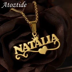 Atoztide Personalized Custom 5cm Big Pendant Names Necklace Stainless Steel Crown Cuban Thick Chain for Men Women Jewelry Gift