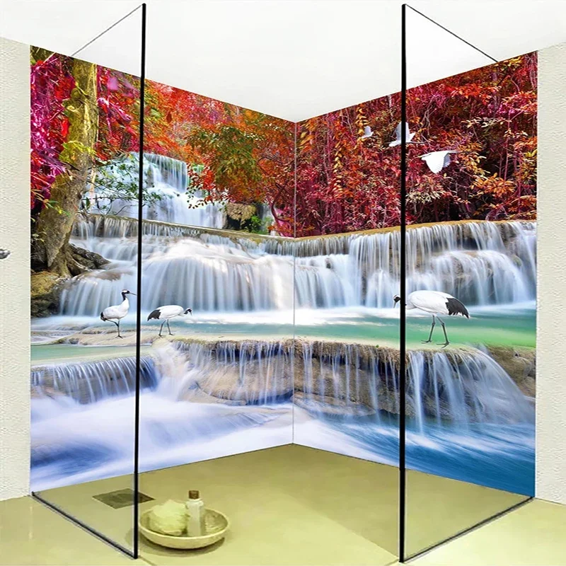 

Custom Mural Wallpaper 3D Stereo Waterfall Forest Landscape Fresco Bathroom Wallpaper Mural PVC Self-Adhesive Waterproof Sticker