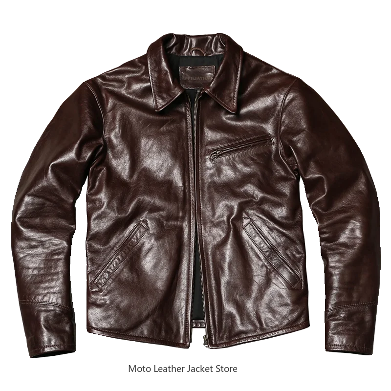1930 Collared Slim Fit Genuine Leather Jacket, Waxed Glossy Soft Thin Goatskin Coat Washed Vintage Distressed Leather Outerwear - view 5