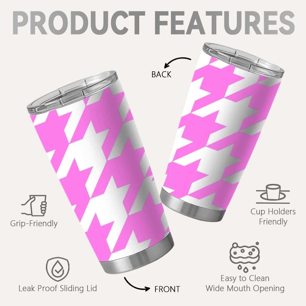 Houndstooth Check Pattern Vacuum Flasks 20oz Coffee Tumbler With 2 Lids & Straw Stainless Steel Vacuum Insulated Mug