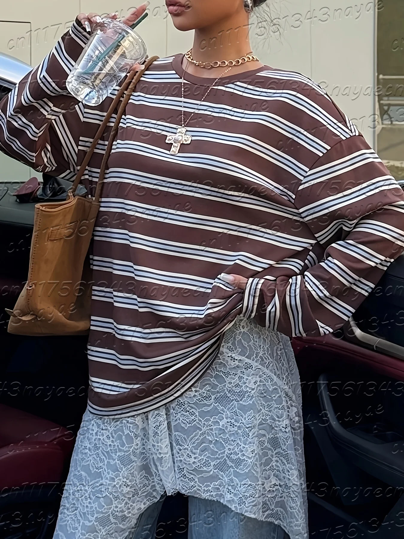 Frühlings- und Herbst-Damen-T-Shirt mit minimalistischem Streifenmuster, Rundhalsausschnitt, langen Ärmeln, Übergröße, im Retro-Amerikanischen Stil. – Detail 9