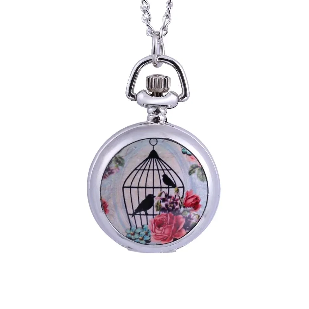 

Trend retro bird cage pattern silver open cover pocket watch belt chain men and women accessories