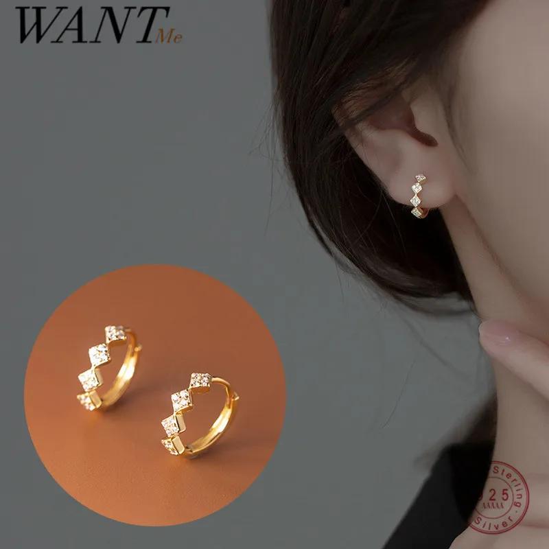 WANTME 925 Sterling Silver Geometric Diamond Pav CZ Zircon Charm Hoop Earrings for Women Fine French Huggies Piercing Jewelry