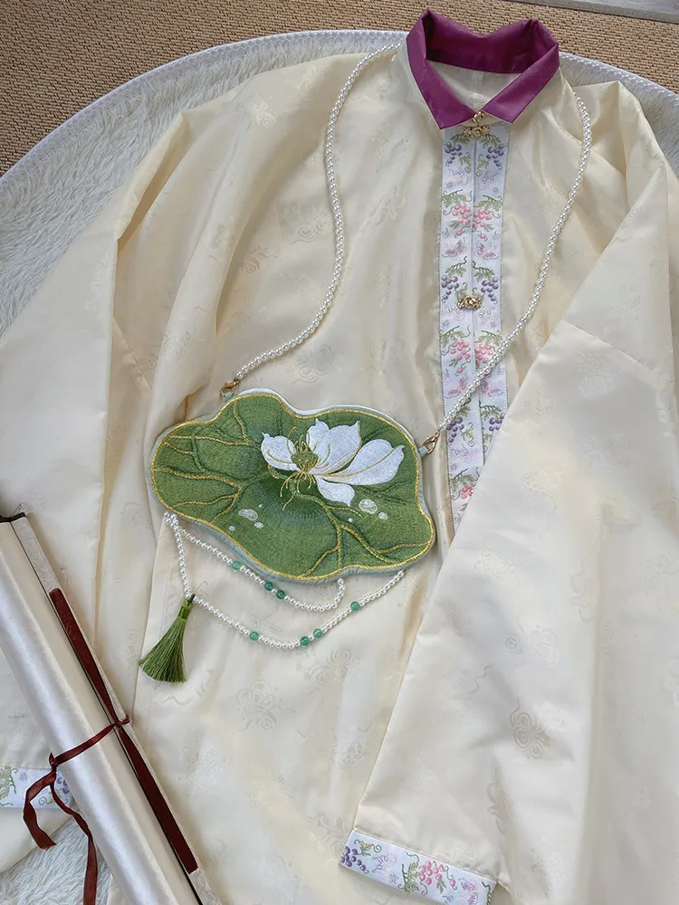 Romantic Summer Chinese Exquisite Hanfu Girl Bag Green Refreshing Lotus Leaf Embroidery Lotus Flower Elegant One Shoulder Purse